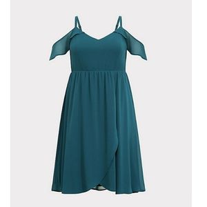 TEAL CHIFFON COLD SHOULDER DRESS